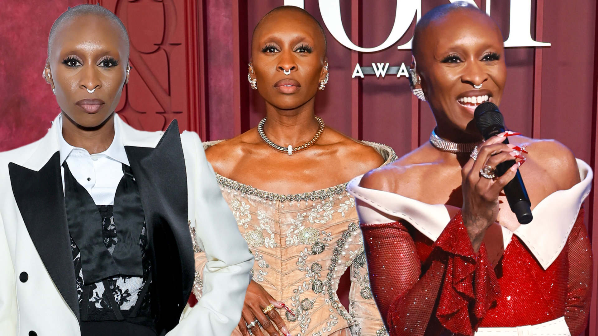 a collage of Cynthia Erivo hosting the 2025 Tony Awards in a range of designer outfits