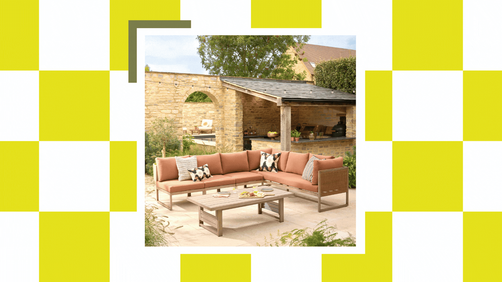 A gif showing three versions of Next's modular outdoor sofa and table lounge set in rust in a modern patio with greenery all around, a brick wall with an arch leading to another part of the garden and a covered outdoor kitchen in the back corner