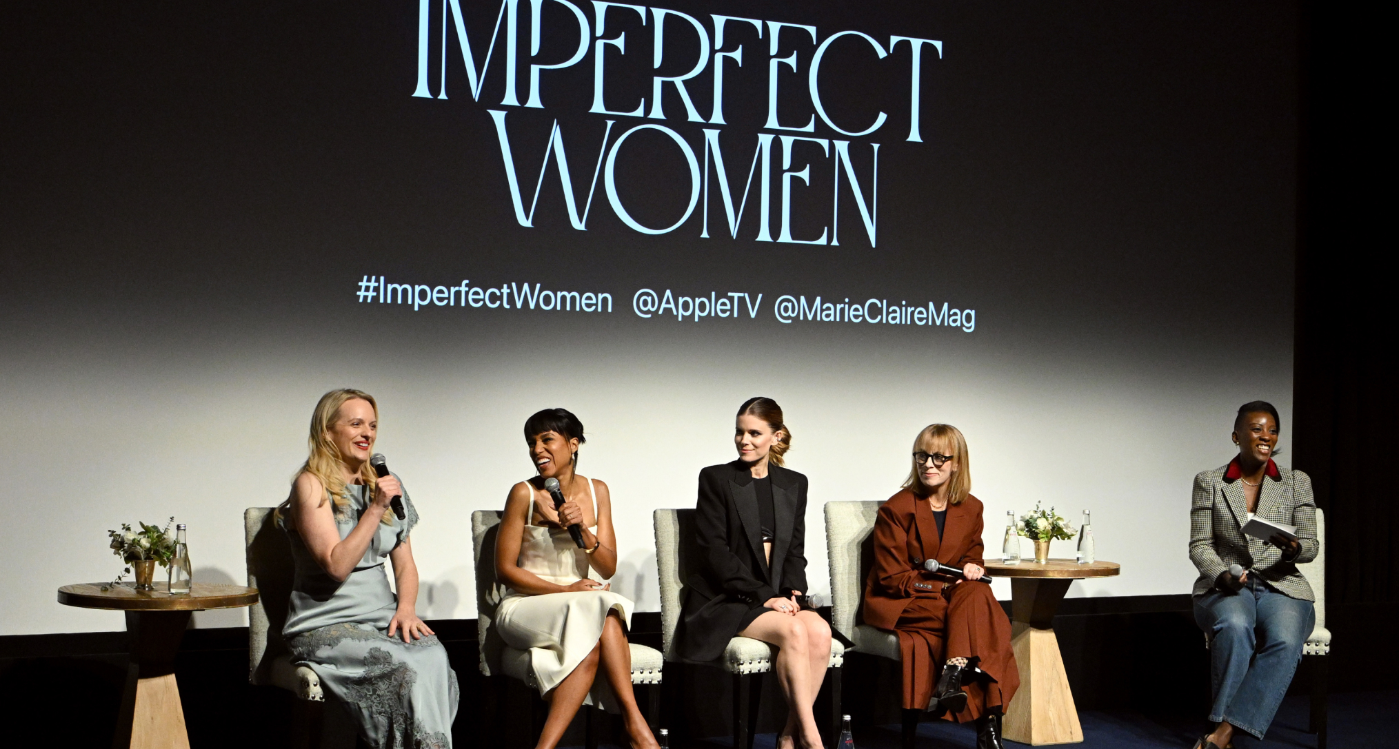 Elisabeth Moss, Kerry Washington, Kate Mara, Annie Weisman and Nikki Ogunnaike speak onstage during the Apple TV and Marie Claire tastemaker event celebrating the upcoming original series \201cImperfect Women,\201d at the Crosby Street Hotel in New York City on March 17