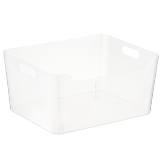 A clear plastic storage bin with handles