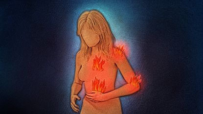 Artwork displaying the figure of a woman (in orange) with four flames coming from her body against a blue background