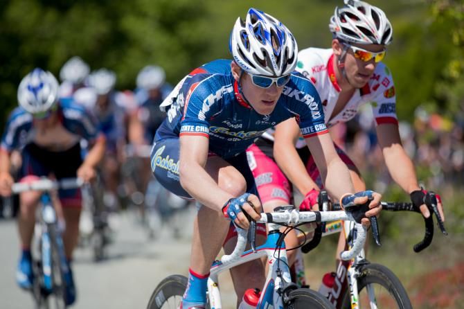 David Santos is shadowed by Ricardo Van Der Velde in a breakaway attempt in the continuing competition between the Cash Call Mortgage and Jelly Belly teams at the Sea Otter Classic.