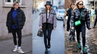 street style models wearing puffer jacket outfits with leggings
