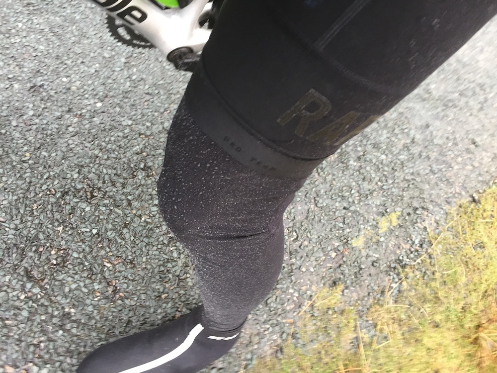 Note the lack of beading on the shorts vs the Rapha Pro Team Shadow leg warmers