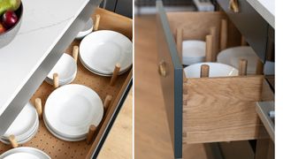 Inside organized kitchen drawers with plate and bowl separators