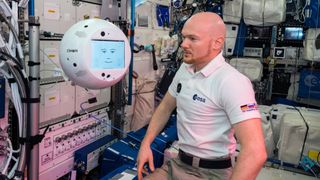The spacefaring robot CIMON spoke with German ESA astronaut Alexander Gerst during an experiment on Nov. 15 on the International Space Station.