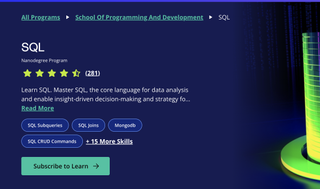 A screenshot of the Udacity website advertising the 'Learn SQL' course