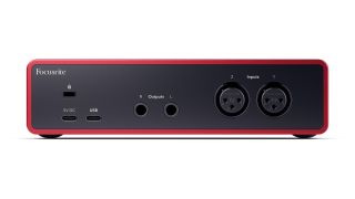 The back panel of a Focusrite Scarlett 2i2 audio interface