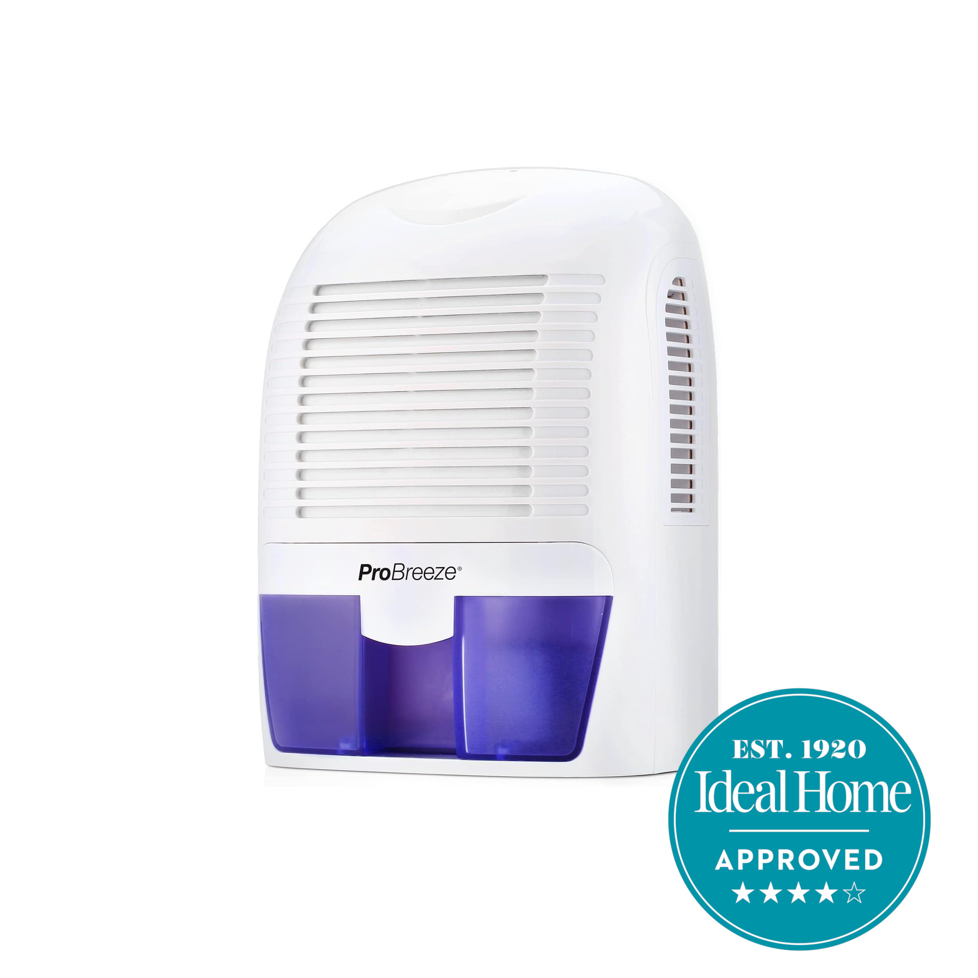 Pro Breeze 1500ml Mini Dehumidifier on a white background with ideal home approved badge