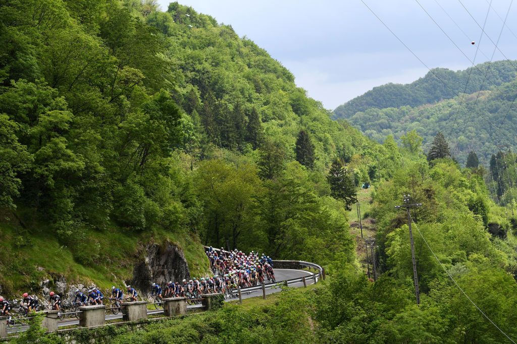 MONTE ZONCOLAN ITALY MAY 22 The Peloton passing through Menudo 303m during the 104th Giro dItalia 2021 Stage 14 a 205km stage from Cittadella to Monte Zoncolan 1730m Landscape Mountains Forest UCIworldtour girodiitalia Giro on May 22 2021 in Monte Zoncolan Italy Photo by Tim de WaeleGetty Images