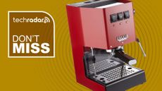 Gaggia Classic Pro coffee machine on gold background with white text reading "TechRadar don't miss"