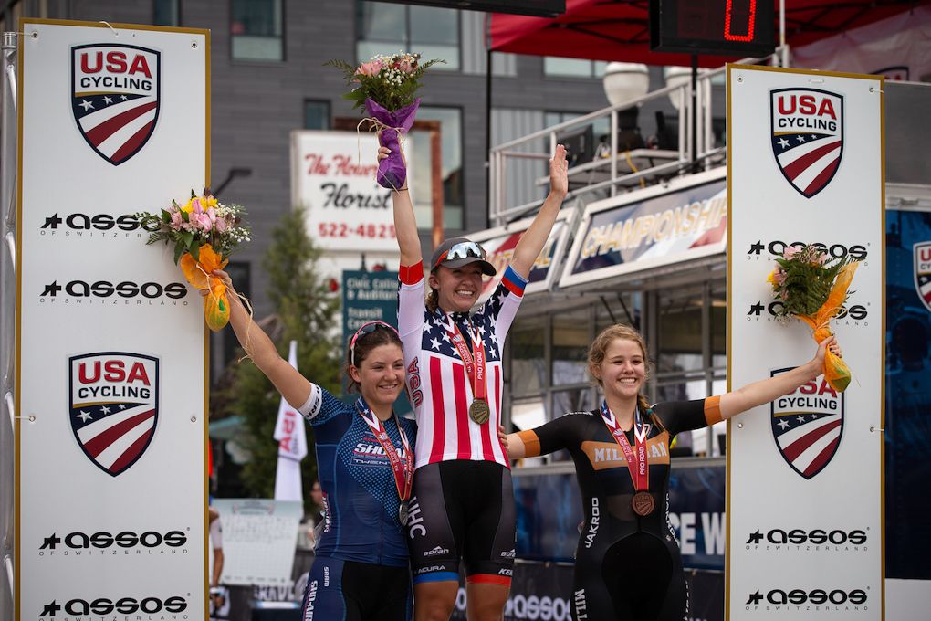 Chloe Dygert, Emma White and Madeline Bemis on the U23 podium at US pro