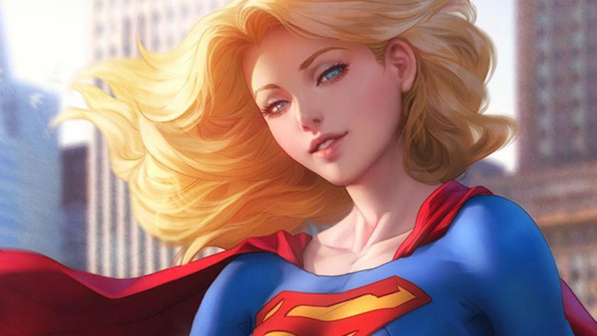 Stanley 'Artgerm' Lau discuses AI; a digital illustration showcases a stylised female figure, reminiscent of a comic book superhero, likely Supergirl, with vibrant colours and a dynamic pose