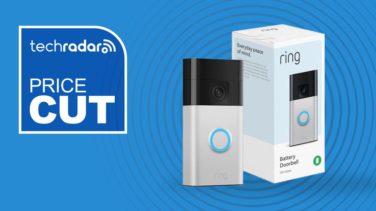 Ring Battery Doorbell on blue background with white text reading &#039;TechRadar Price Cut&#039;