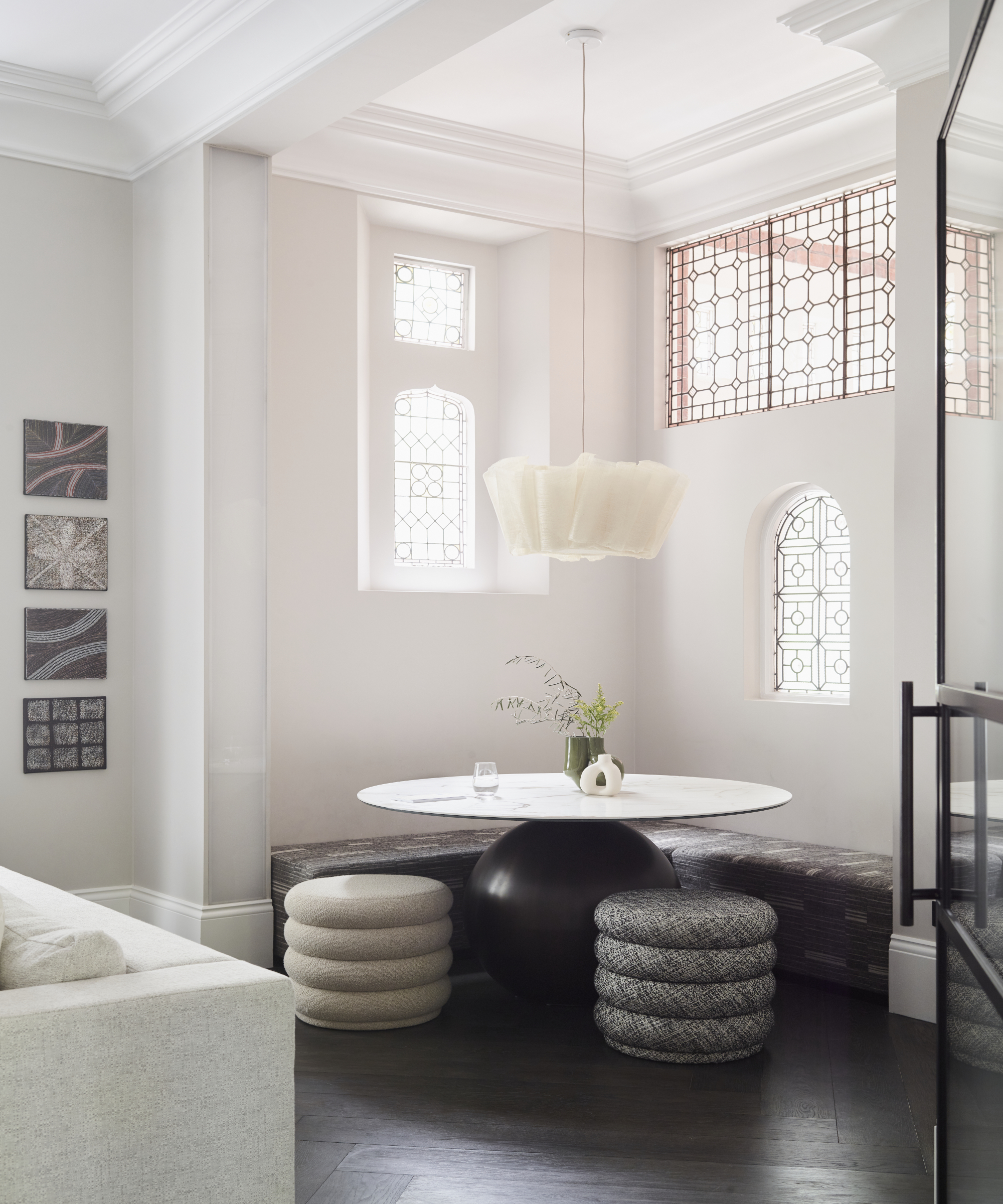 Modern house in a neutral, monochrome palette with pastel pink touches