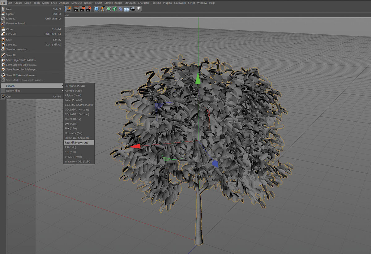 Start with a mesh and export it as a Redshift Proxy [click the icon in the top-right to enlarge the image]