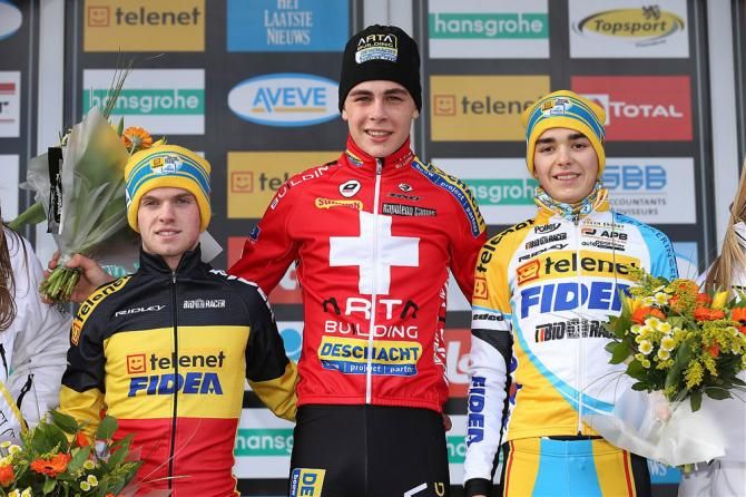 Junior men's podium at Superprestige Middelkerke (LR): Eli Iserbyt, Johan Jacobs and Kobe Goossens