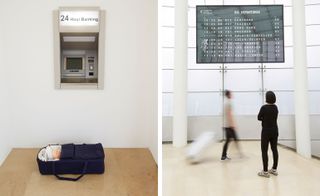 Two images of art. An abandoned baby under an ATM called Modern Moses, pictured left from 2006. Right: Departures, 2015.