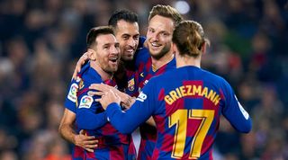  Lionel Messi of FC Barcelona celebrates with teammates after scoring during the Liga match between FC Barcelona and RCD Mallorca at Camp Nou on December 07, 2019 in Barcelona, Spain. (Photo by Quality Sport Images/Getty Images)
