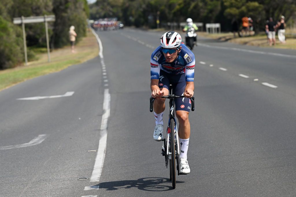 GEELONG AUSTRALIA FEBRUARY 02 Andrea Raccagni Noviero of Italy and Team Soudal QuickStep competes in the breakaway during the 9th Cadel Evans Great Ocean Road Race 2025 Mens Elite a 1838km one day race from Geelong to Geelong UCIWT on February 02 2025 in Geelong Australia Photo by Dario BelingheriGetty Images