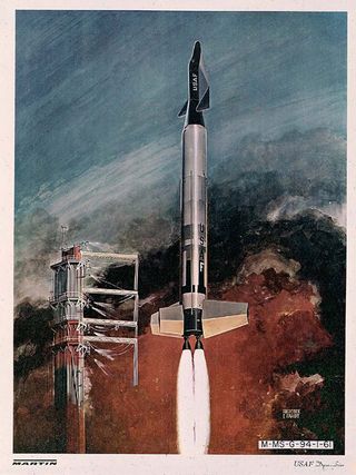 An X-20 Dyna-Soar (Dynamic Soaring) clears the launch tower atop an Air Force Titan II rocket in this 1961 artist's concept. The X-20 development program was cancelled in 1963, and the vehicle was never built.