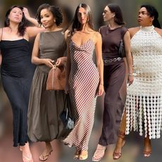 fashion collage featuring 5 stylish influencers including Marina Torres, Ellie Delphine, Salomé Mory, Jessica Skye, and Chloé Pierre wearing chic neutral wedding guest shoes like tan flip-flop heels, strappy sandals, and more