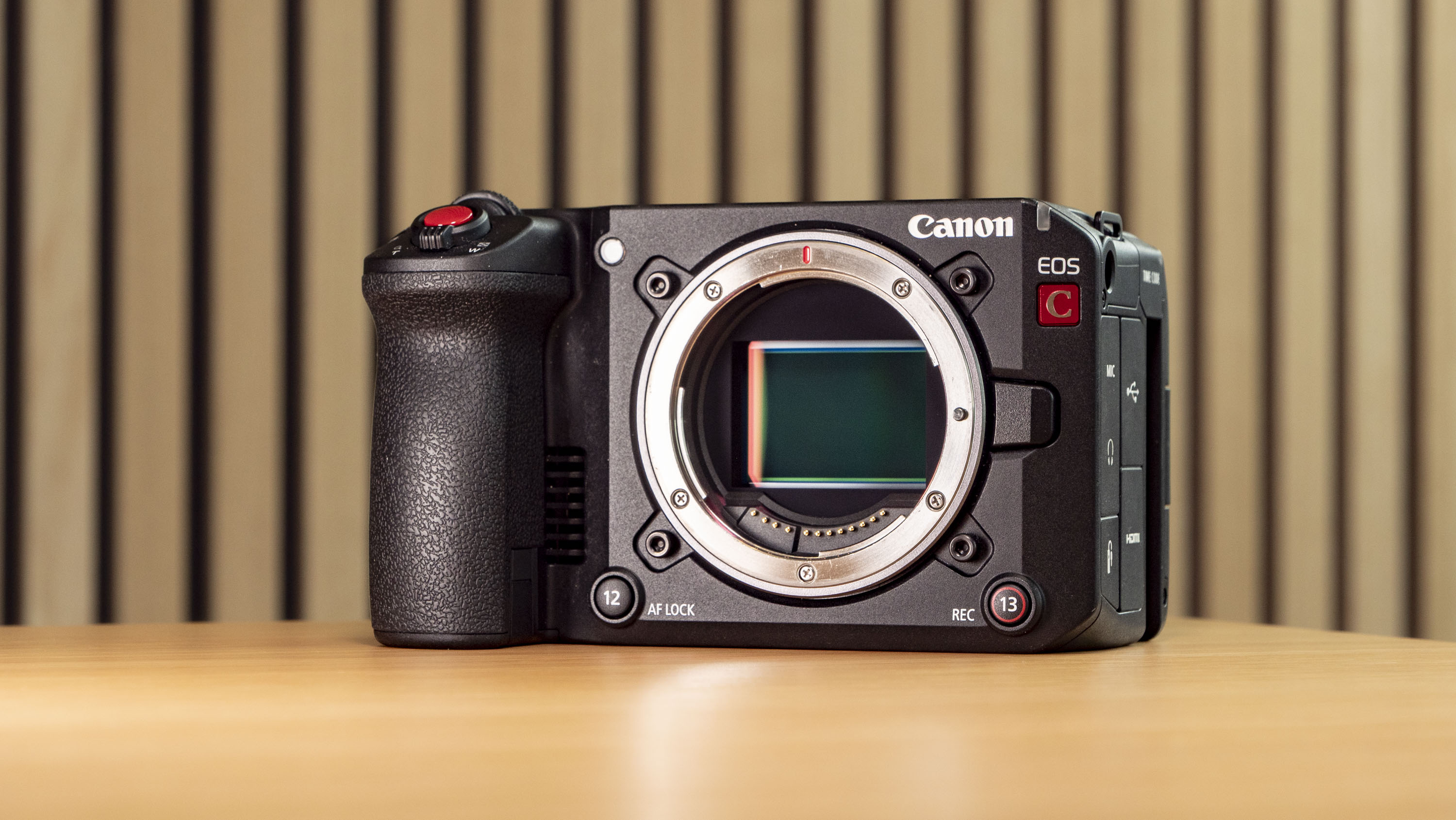 Canon EOS C50 on a wooden surface, no lens attached