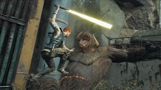 Star Wars Jedi: Survivor PS5 Screenshot che mostra Cal usando la sua spada laser per uccidere un mostro