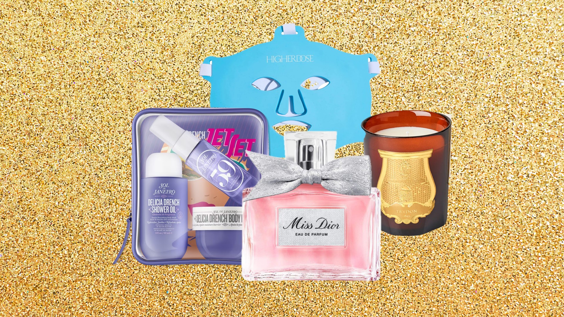 a collage of four luxury beauty products