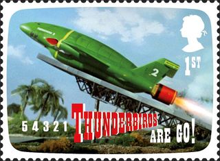 Stamp showing the Thunderbirds rocket taking off