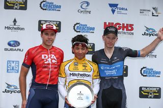 The overall men's podium in the Mitchelton Bay Cycling Classic