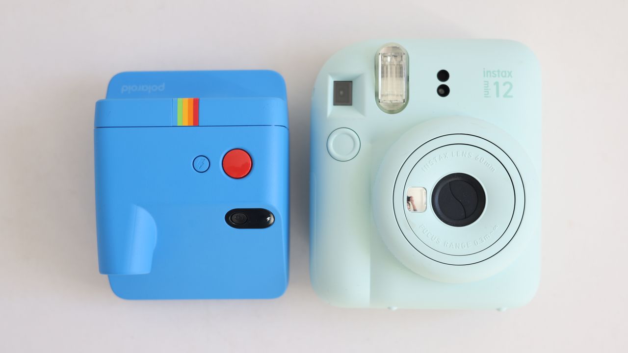 Polaroid Go Gen 2 side-by-side size comparison with an Instax Mini 12, against a white background