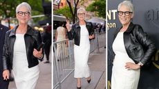 Composite image of Jamie Lee Curtis attending Amazon Up Front wearing a leather jacket and white dress