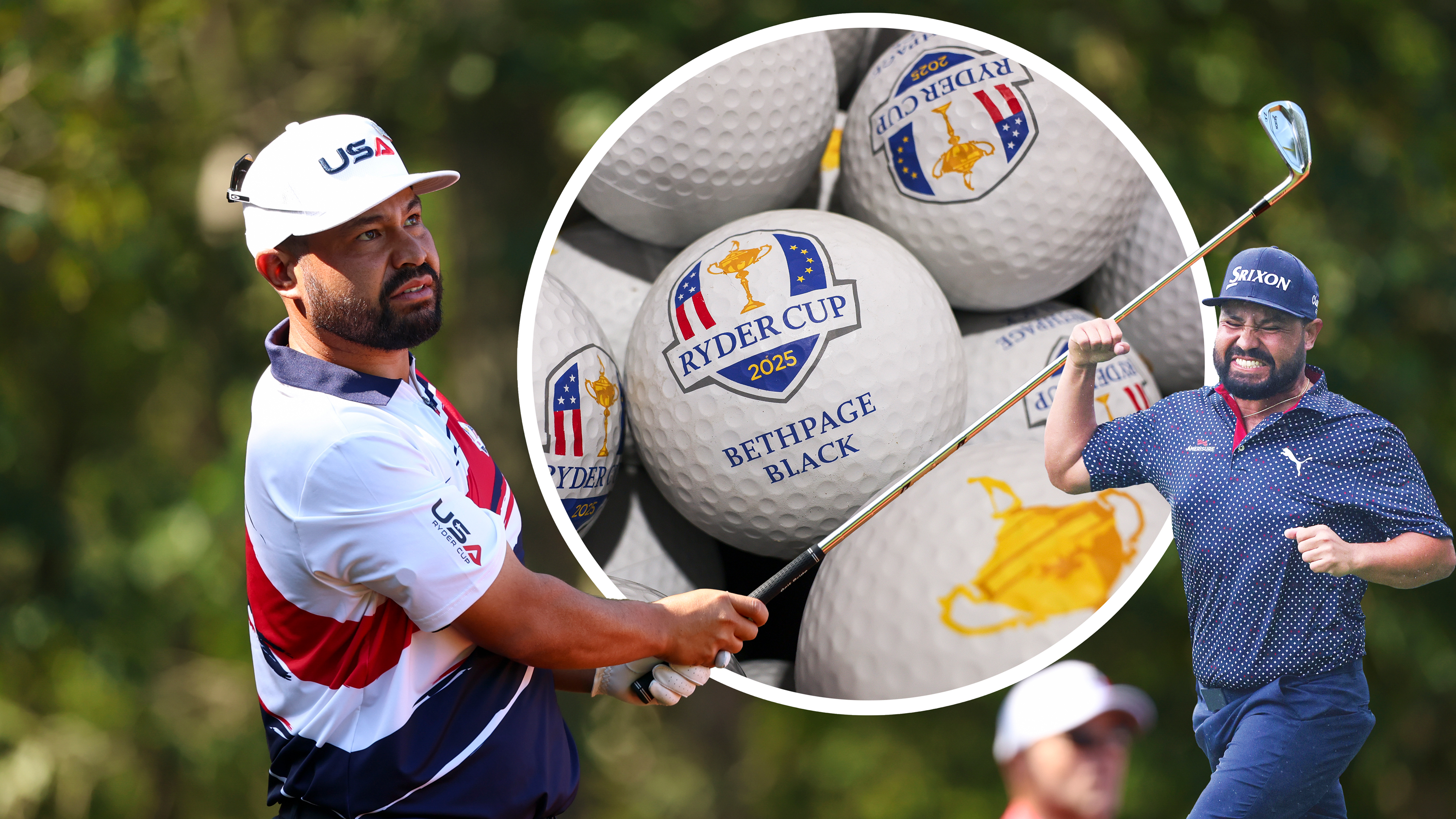 JJ Spaun in his Team USA Ryder Cup apparel in the finish position with an iron, with inset images of JJ Spaun celebrating his 2025 US Open win and another of golf balls labelled with the Ryder Cup logo