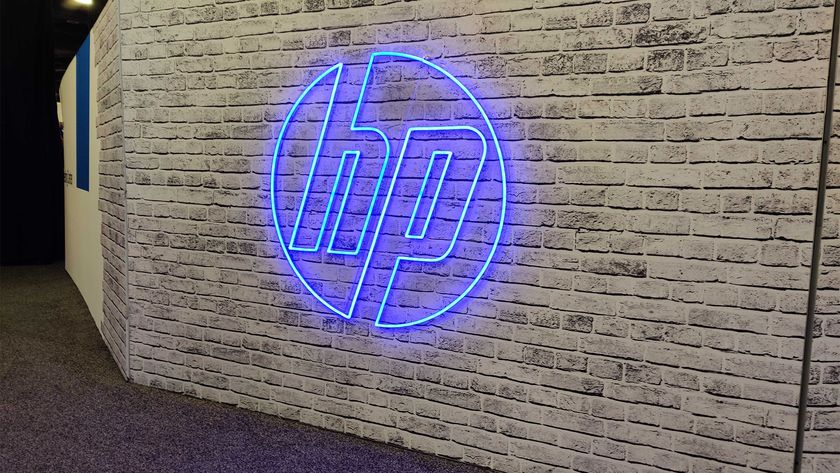 HP logo and branding pictured in blue on a wall at the HP Amplify 2025 event in Nashville, Tennessee.