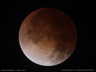Photographer Fernando Rodriguez of the South Florida Amateur Astronomers Association captured this amazing view of the total lunar eclipse of April 15, 2014 during the totality phase at about 3:24 a.m. ET.
