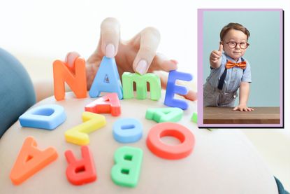 Baby names alphabet letters main image and drop in of a baby wearing grown up outfit