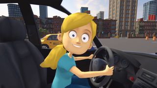 A screenshot of Teach My Little Sister How To Drive, showing your virtual sibling grinning terrifyingly at you at the wheel of a car.