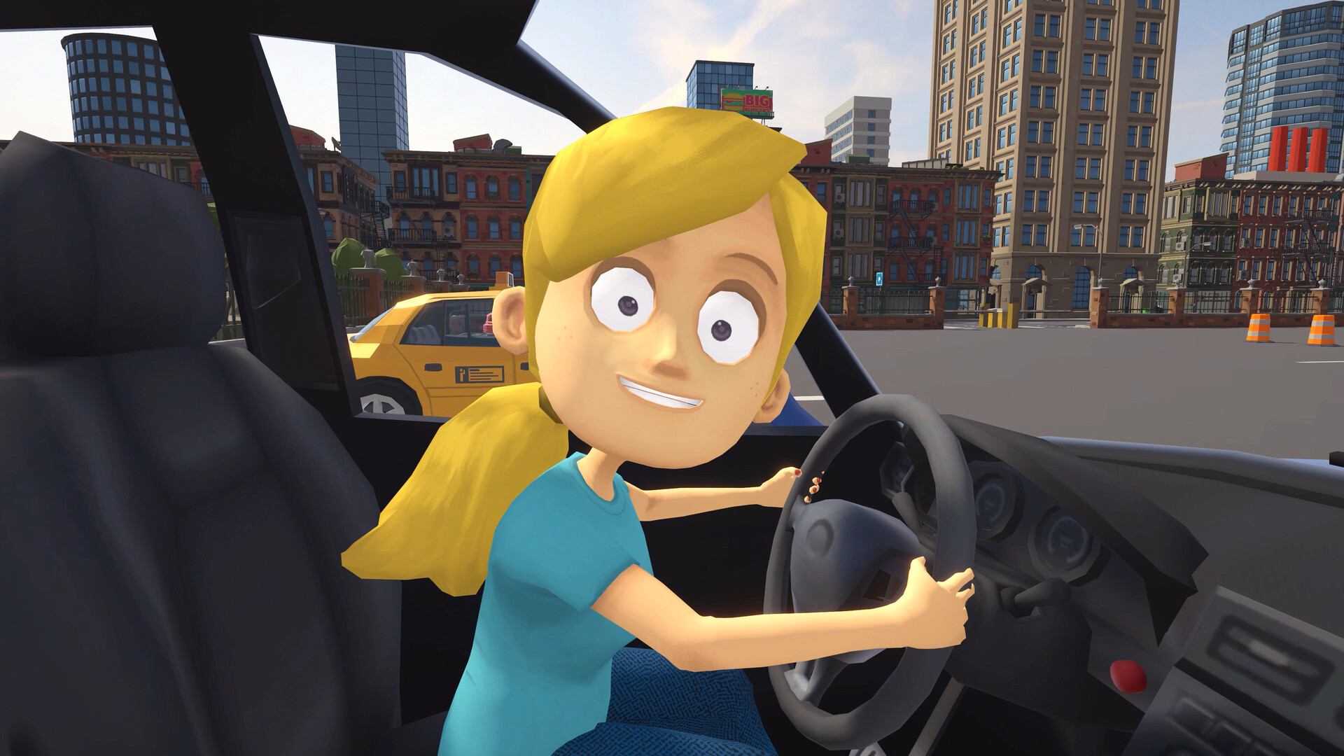 A screenshot of Teach My Little Sister How To Drive, showing your virtual sibling grinning terrifyingly at you at the wheel of a car.