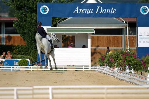 Charlotte Bacon riding Three Wells Breeze after her dressage test at the European Championships