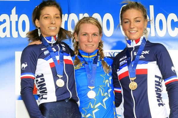 Women's European championship podium (l-r): Lucie Chainel (France), Daphny van den Brand (Netherlands), Pauline Ferrand Prevost (France)