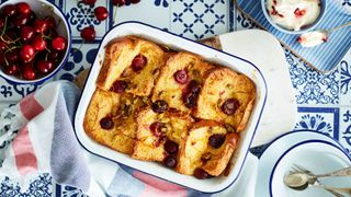 A cherry and plum brioche pudding