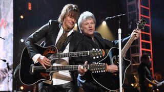 Richie Sambora and Jon Bon Jovi onstage at their Rock And Roll Hall Of Fame induction in 2018