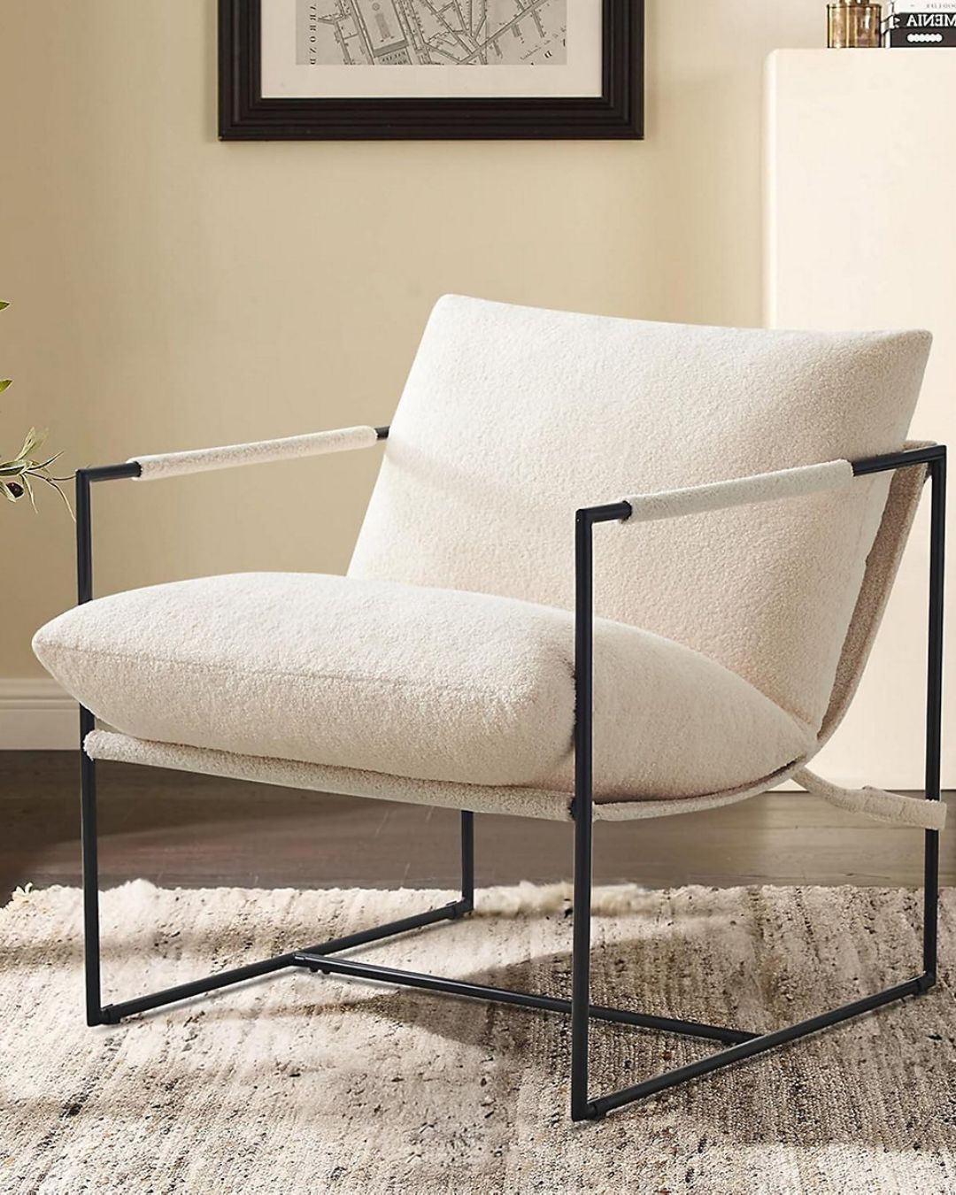 Boucle Fabric Lounge Chair With Metal Frame Upholstered Accent Chair Luca White.