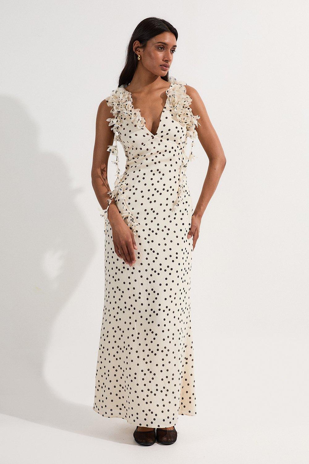 Applique Spot Printed Halter Neck Woven Maxi Dress