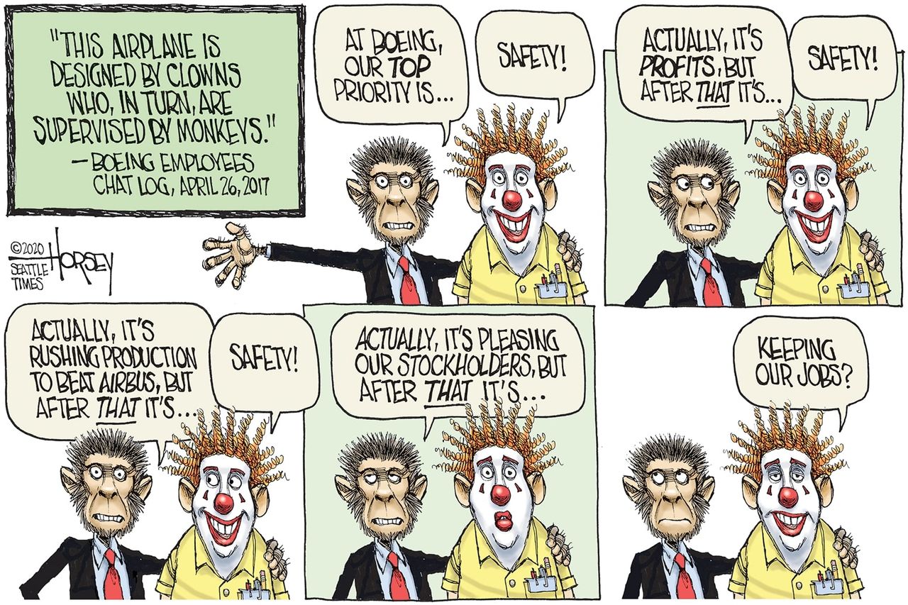 Editorial Cartoon U.S. Boeing air crashes profits monkeys clowns