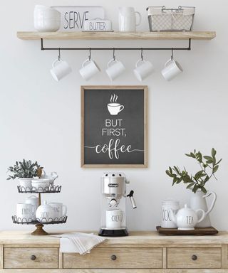 Cute coffee bar set-up, with framed typography print on wall