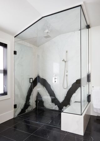 A bathroom shower enclusre with custom design