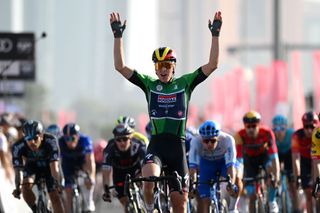 ABU DHABI UNITED ARAB EMIRATES FEBRUARY 25 Tim Merlier of Belgium and Team Soudal QuickStep Green Points Jersey celebrates at finish line as stage winner during the 5th UAE Tour 2023 Stage 6 a 166km stage from Warner Bros World Abu Dhabi to Abu Dhabi Breakwater UAETour UCIWT on February 25 2023 in Abu Dhabi United Arab Emirates Photo by Dario BelingheriGetty Images
