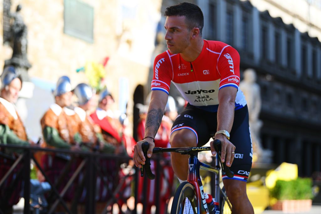 FIRENZE ITALY JUNE 27 Dylan Groenewegen of Netherlands and Team Jayco AlUla during the 111th Tour de France 2024 Team Presentation UCIWT on June 27 2024 in Firenze Italy Photo by Dario BelingheriGetty Images